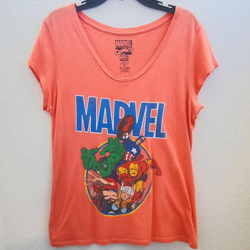 Marvel Comics V-Neck Orange Top Juniors XL Womens Large